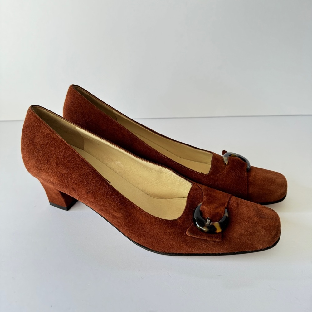 Vntg Salvatore Ferragamo 90s Women Suede Heels Brown Buckle Pumps Italy Sz 5.5 - Picture 3 of 11